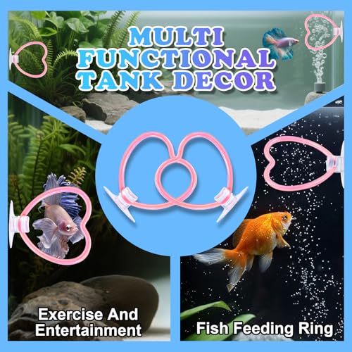Betta Fish Toys, 2 PCS Heart Fish Exercise Ring and Nitrifying Balls Set, Heart Betta Mirror Toy Set, Feeding Ring with Suction Cup, Fishing Tank Accessories for Gifts (Pink)