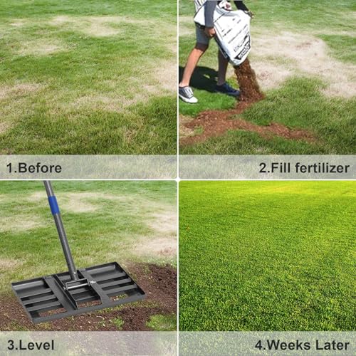 Lawn Leveling Rake,Stainless Steel Lawn Leveler with 18”x10” Ground Plate, 72” Adjustable Long Handle, Level Lawn Tool for Grass, Golf Field, Level Soil or Dirt Ground Surfaces