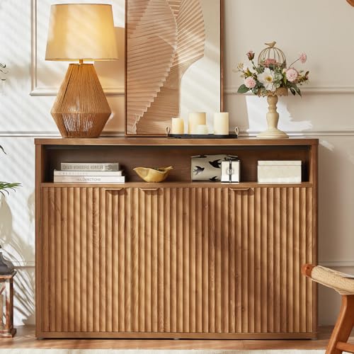 LEYAOYAO Fluted Buffet Cabinet with Storage, 45" Wide Modern Sideboard Credenza with 3 Doors & Open Storage Shelf, Wood Kitchen Console Accent Cabinets, Coffee Bar Table for Dining Room, Tea Brown - color: Tea Brown, size: 15.35"D x 45.30"W x 31.89"H（3 do