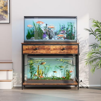 VOWNER 40 Gallon Aquarium Stand with Power Outlet, Metal Frame Fish Tank Stand with Cabinet Storage, Double Turtle Reptile Terrariums Tank Stand, 39.4" L*18.9" W Tabletop, 660LBS Capacity, Brown