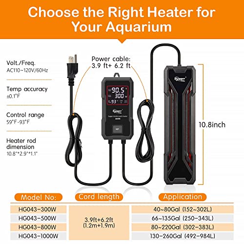 hygger Aquarium Heater 300W/500W/800W/1000W, Submersible Fish Tank Heater with Digital LED Controller and Intelligent Leaving Water Automatically Stop Heating System, for Freshwater and Saltwater - size: 300W for 40-80 Gallon