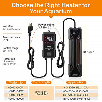 hygger Aquarium Heater 300W/500W/800W/1000W, Submersible Fish Tank Heater with Digital LED Controller and Intelligent Leaving Water Automatically Stop Heating System, for Freshwater and Saltwater - size: 300W for 40-80 Gallon