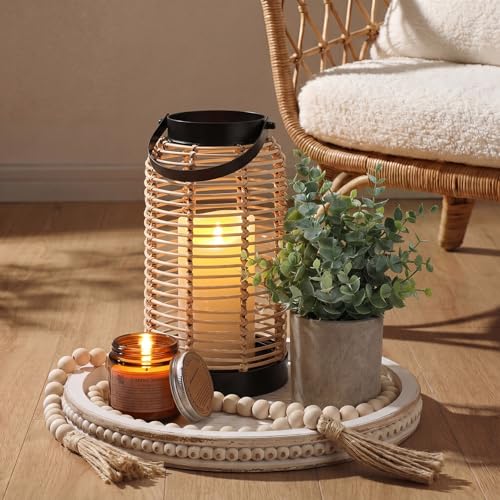 Novabright 6 Pcs Rustic Bobo Farmhouse Lantern Decor Set Candle Lanterns Decorative Indoor with Wooden Tray Bead Aromatherapy Candle Faux Plant Rustic Decor for Living Room Mantel Housewarming Gift - style: Rustic Bobo
