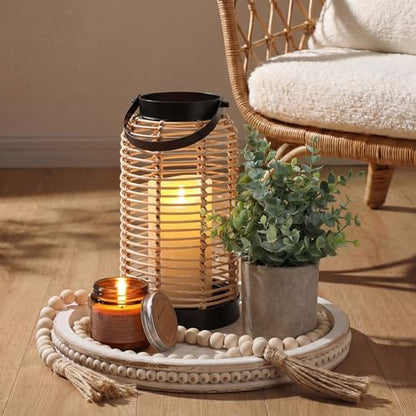 Novabright 6 Pcs Rustic Bobo Farmhouse Lantern Decor Set Candle Lanterns Decorative Indoor with Wooden Tray Bead Aromatherapy Candle Faux Plant Rustic Decor for Living Room Mantel Housewarming Gift - style: Rustic Bobo