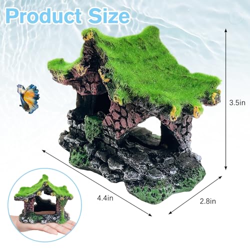 Resin Hollow Hideout House for Aquarium Decoration Fish Tank Accessories Betta Cave with Lifelike Moss for Shrimp Fish Shelter - style: Pavilion