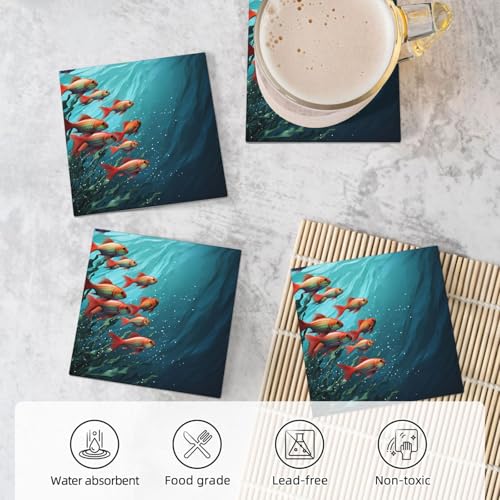 Coasters Set of 4 Round Ceramic Coaster Fish Aquarium Coasters for Drinks Absorbent Mugs Pads with Holder Heat Resistant Coffee Cup Pad for Kitchen Office - color: Square