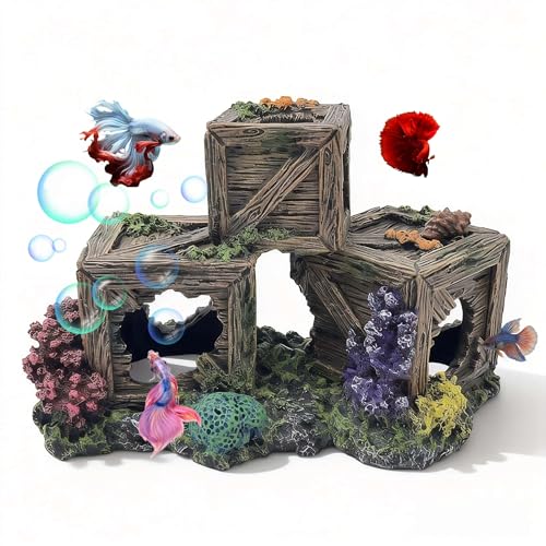 Fish Tank Decorations Hideout for Betta, Shrimp & Guppies – Two-Level Wooden Crate with Realistic Coral, Sponge & Seaweed, Stable Rock Base, Aquarium-Safe Resin - 8.5x4.3x4.9 Inch