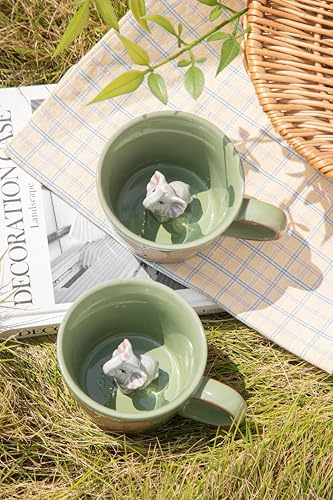 DIHOclub Elephant Coffee Cup Ceramic 3D Wild Animal Inside Mug,Cute Cartoon Handmade Figurine Mugs,Holiday and Birthday Gift for Coffee Milk Tea Lovers,12 O(Green Elephant) - color: Green Elephant