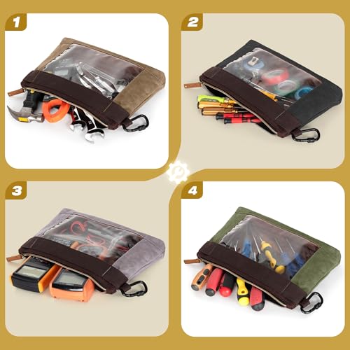 4 Pack Heavy Duty Tool Pouch with Carabiner, 12” Canvas Tool Pouch Bag with Clear Window (4 Colors: Black, Gray, Green, Khaki)