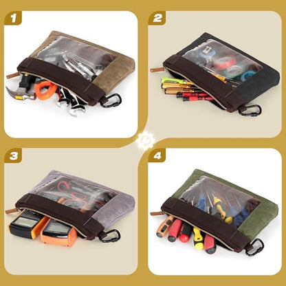 4 Pack Heavy Duty Tool Pouch with Carabiner, 12” Canvas Tool Pouch Bag with Clear Window (4 Colors: Black, Gray, Green, Khaki)