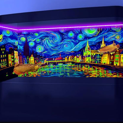 72X18IN Blacklight Vincent Van Gogh Black Light Aquarium Background, UV Fish Tank Background Art Oil Painting Terrarium Background with 10 EVA Double-Sided Tape - size: 72X18in/180X45cm