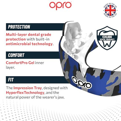 OPRO Instant Custom-Fit Mouthguard – Dentist Level Gum Shield Adult and Kids – OPRO Mouth Guard Boxing and MMA, Self-Fit Gum Shield Rugby – Maximum Protection with Dental Warranty (Black/Blue/Silver) - color: Blue Camo - Black/Blue/Silver, size: Adult (10