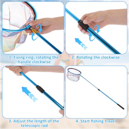 2-in-1 Set Telescopic Fishing Net and Beach Fish Tank, 30" to 48" Extendable Lightweight Aluminum Pole with Non-Slip Handle for Catching Observing Release, Outdoor Exploration Kit
