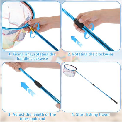 2-in-1 Set Telescopic Fishing Net and Beach Fish Tank, 30" to 48" Extendable Lightweight Aluminum Pole with Non-Slip Handle for Catching Observing Release, Outdoor Exploration Kit