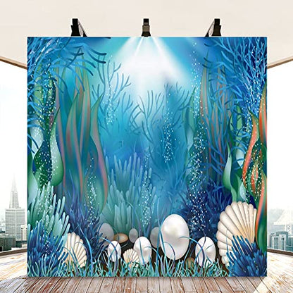 8x8ft Fairytale Undersea Pearl Shell Backdrop Deep Sea Plants Coral Pearl Mussels Underwater Mermaid's Shelter Background for Photography Happy Birthday Party Banner Baby Shower Photo Booth - size: 8x8ft
