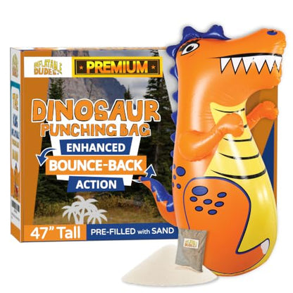 INFLATABLE DUDES Kids Punching Bag- Bop Bag | Sand-Base - color: Orange Rex | Pre-filled with Sand, size: 47"