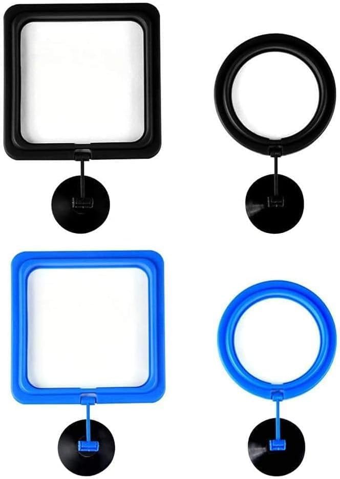 2pcs Black Fish Feeding Ring, Black Round and Square Aquarium Floating Food Feeder, Food Feeders with Suction Cup for Goldfish Turtle and Other Smaller Fish, Food Feeding Ring with Suction Cup