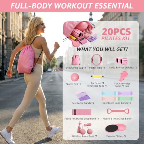 Pink 20-Piece Home Pilates Set with Ring, Ball, Rope, Bands,Weights, Slider