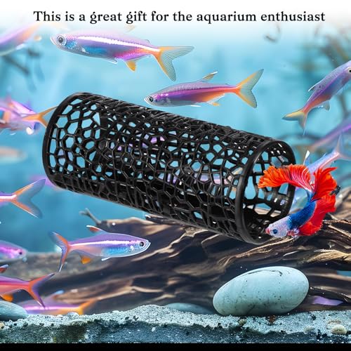 2 Pcs Betta Fish Toy Tunnels Small Hole Hollow Cave Betta Tunnel Guppies Hideout Tube with Suction Cup for Small Fish & Shrimp Hiding Resting Playing (Black)