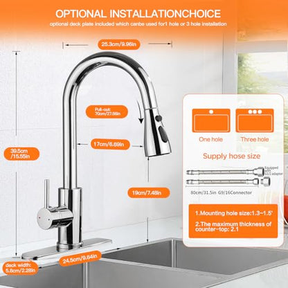Kitchen Faucet with Pull Down Sprayer，Stainless Steel Single Handle Kitchen Faucet，1/3 Hole, Deck Plate Included，Suitable for farmhouses, Campers, Laundry Rooms, RVs, and Bars (Chrome)