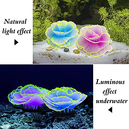 Glowing Fish Tank Decorations Glow Aquarium Decor Coral Ornaments, 2pcs Silicone Flower Plants and 10pcs Colourful Sea Shells/Luminous Stone Glow in The Dark for Aquarium Decoration