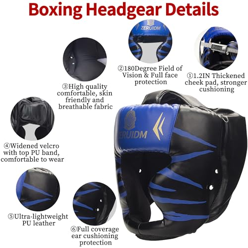 8-Piece Boxing Gloves Set with 2 Headgear and 4 Hand Wraps, PU Leather Black Red Protective Gear for Men, Women, Kids, and Youth MMA Training Sparring - size: Large