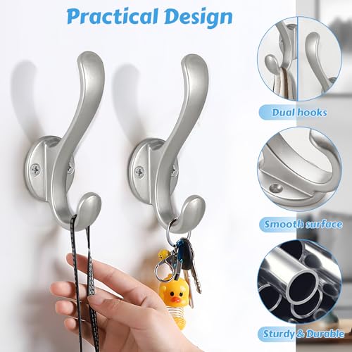 10 Pack Coat Hooks Wall Mount Heavy Duty Utility Retro Double Hooks for Hanging Coats,Hat, Towel, Key, Robe, Scarf, Bag, Cap (Silver) - color: 10 Pack-Silver