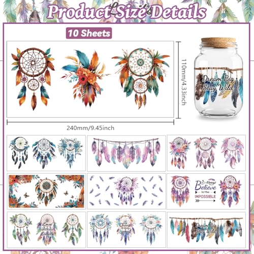 UV DTF Cup Wraps Transfer Stickers Bohemian Feathers Pattern, 10 Sheets Waterproof Custom Vinyl Transfer Sticker 16oz Coffee Glass Cup Tumbler Bottle Mug Decals for Men Women - style: Bohemian feathers