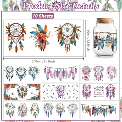 UV DTF Cup Wraps Transfer Stickers Bohemian Feathers Pattern, 10 Sheets Waterproof Custom Vinyl Transfer Sticker 16oz Coffee Glass Cup Tumbler Bottle Mug Decals for Men Women - style: Bohemian feathers