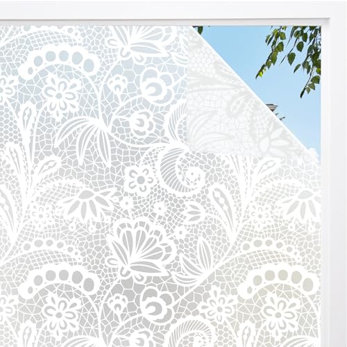 Frosted Window Privacy Film, White Lace Stained Glass Window Film, Static Cling Removable Privacy Decal, Sun Blocking Decorative Tint with Effect for Home, Doors and Office (S686, 17.7'' x 78.7'')