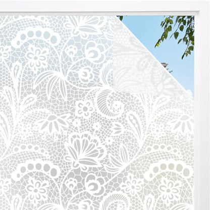 Frosted Window Privacy Film, White Lace Stained Glass Window Film, Static Cling Removable Privacy Decal, Sun Blocking Decorative Tint with Effect for Home, Doors and Office (S686, 17.7'' x 78.7'')