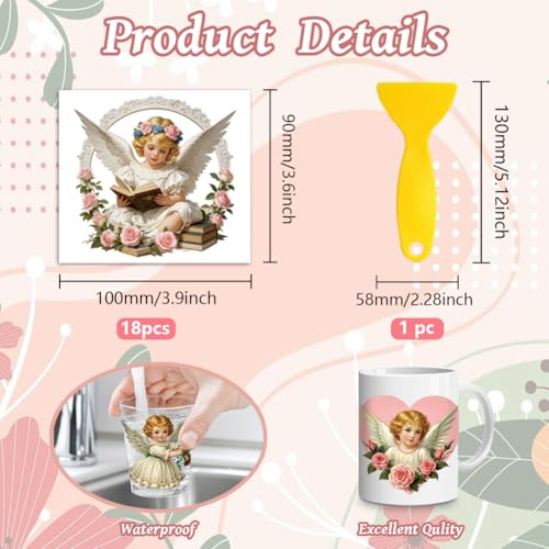 Peacoblue 18 Sheets Rub on Transfers for Crafts, Angel 3.6"x3.9" UV DTF Cup Wraps Waterproof Rub on Cold Transfers Stickers for Wood Glass Metal Cup Tumblers Mirrors Mugs Home Decor - style: Angel