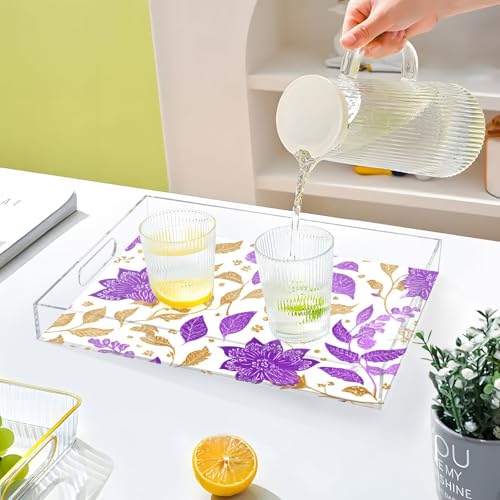 Acrylic Tray Clear Serving Vanity Ottoman Bathroom Coffee Table Countertop Organizer Raised Edge Spill Proof Purple Paisley Goild Leaf - color: Purple Paisley Goild Leaf