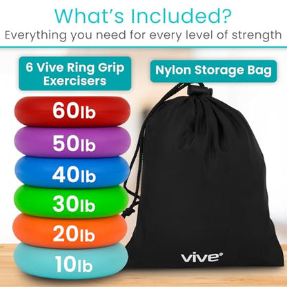 Vive Hand Strengthener Grip Ring - Forearm Ring Hand Exercisers - Silicone | Squeezer Gripper for Muscle Strengthening Training Tool - Arthritis Finger Physical Therapy PT Kit Trainer - color: Multicolor (6 Pack)