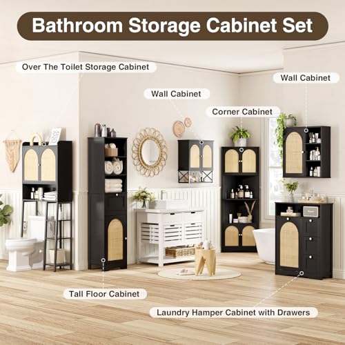 FiveWillowise 67"H Bathroom Storage Cabinet with Rattan Doors and Slide Storage, Tall Narrow Standing Tower Cabinet with Adjustable Shelves, Small Bathroom Floor Organizer for Entryway, Kitchen, Black