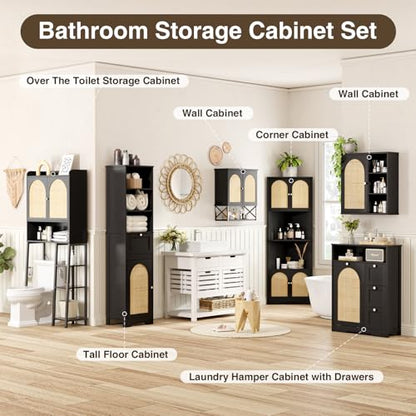 FiveWillowise 67"H Bathroom Storage Cabinet with Rattan Doors and Slide Storage, Tall Narrow Standing Tower Cabinet with Adjustable Shelves, Small Bathroom Floor Organizer for Entryway, Kitchen, Black