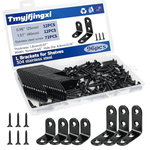 24Pcs Black L Corner Brackets for Shelves 2Sizes Heavy Duty Angle L Shelf Bracket for Wood Furniture with 72Pcs Screws (1x1inch 1.57x1.57inch) YY024-B - color: Black, size: 2Sizes