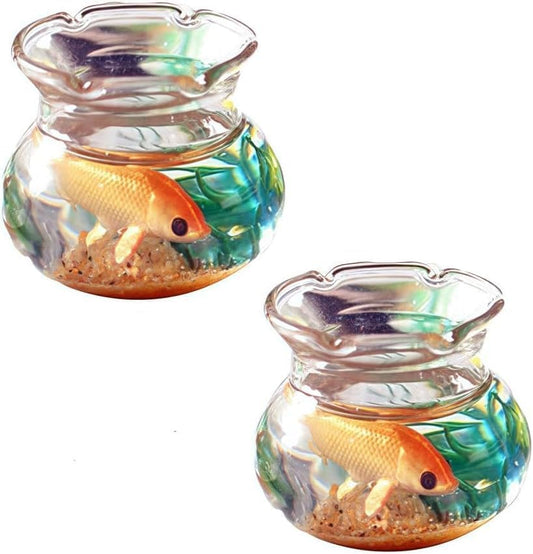 2Pcs Miniature Fish Tank Toy Mini Round Fish Bowls Resin Goldfish Grass for Dollhouse Desktop Craft Project Decor,Mini Fish Bowl,Dollhouse Accessories,Dollhouses Décor