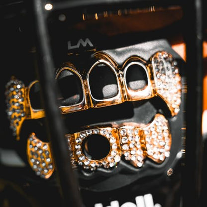 Loudmouth Football Mouth Guard for Youth & Adult - 3D Chrome Grillz Gold Teeth Mouthpiece with Strap, No-Boil Braces-Friendly Sports Mouthguard (Chrome Black/Gold) - color: 3d Grillz Bling - Chrome Black/Gold