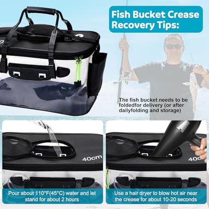 Foldable Transparent Fishing Bucket with Aerator Live Bait Bucket and Dual Outlet Air Pump, Heavy Duty EVA Collapsible Fish Basket for Kayak, Ice Fishing, Camping & Travel - size: 10 Gallon