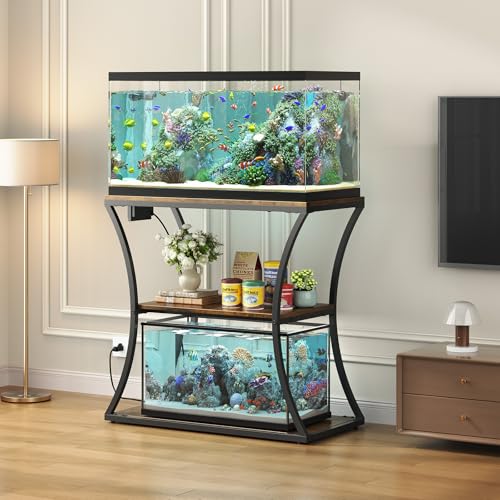 20-29 Gallon Fish Tank Stand with Power Outlet, 3-Tier Aquarium Stand with Storage, Heavy Duty Metal Frame Tank Rack for Home Office, 31.5" L x 15.7" W x 30.4" H, Rustic Brown