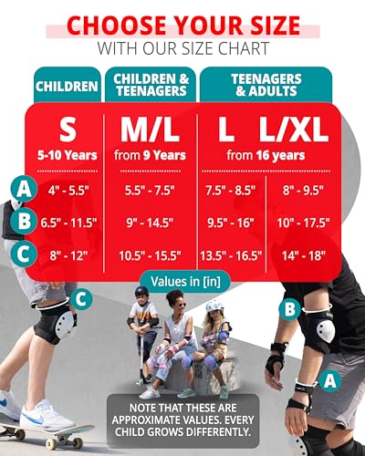 SKATEWIZ Skateboard Pads Protective Gear Set for Kids and Adults - Smash - Roller Skate Pads [6pc] with Wrist Guards - Skating Protective Gear - Roller Derby - color: Black, size: L/XL - Adults