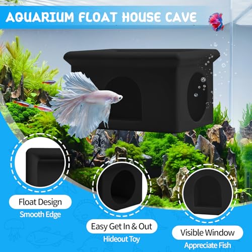Floating Betta Fish Hammock Cave House for Aquarium, 3D Printed Betta Shrimp Feeder & Hideout Cave Toys, Small Aquarium Feeding Ring Decor, Turtle Fish Tank Decorations Accessories -Black