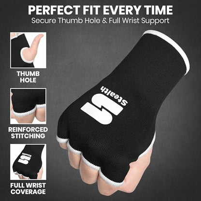Stealth Sports Boxing Hand Wraps Inner Gloves – Premium Boxing Inner Gloves – Half Finger Boxing Punching Mitts – Elasticated Wrap Boxing Mitts for Kickboxing, Muay Thai, MMA - size: Small-Medium