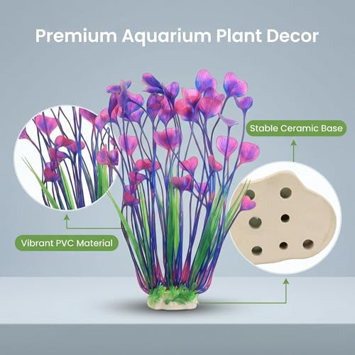 2 Pack Artificial Aquarium Plants, 15.8 Inch Tall, Seaweed, Purple, Plastic, Weighted Ceramic Base, for Aquarium, Indoor