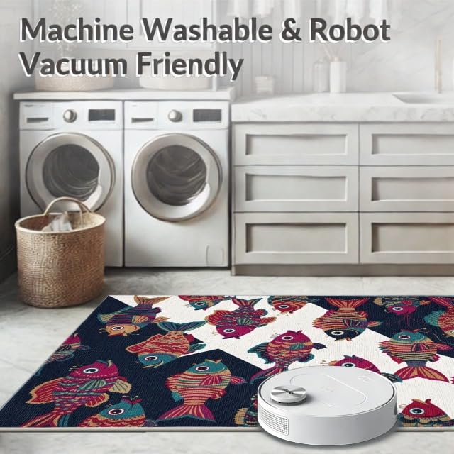 9'x12' Washable Graphic Fish Oversized Rug, Teal Non-Shedding Pet Friendly Carpet Foldable Easy Care Mat for Master Suite, California King, Under Bed | Ref:1885695