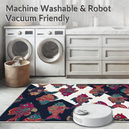 9'x12' Washable Graphic Fish Oversized Rug, Teal Non-Shedding Pet Friendly Carpet Foldable Easy Care Mat for Master Suite, California King, Under Bed | Ref:1885695