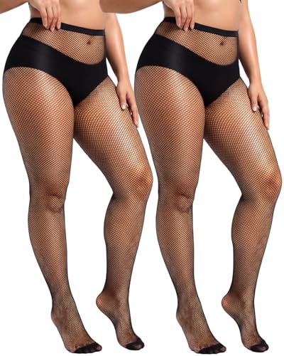 2 Pairs Plus Size Black Fishnet Stockings for Women High Waist Fishnet Tights