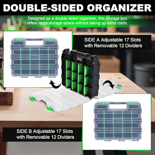 Tool Box with Transparent Lid, 2 Pack Hardware Organizer Box, Double Side 34 Compartments Hardware Organizers with Removable Plastic Dividers for Screws Nuts Nails Bolts, Small Parts Box