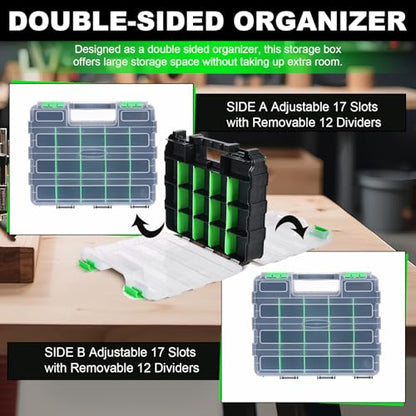 Tool Box with Transparent Lid, 2 Pack Hardware Organizer Box, Double Side 34 Compartments Hardware Organizers with Removable Plastic Dividers for Screws Nuts Nails Bolts, Small Parts Box